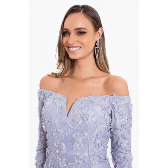 NEW $298 XSCAPE [ 6 ] Off Shoulder‎ Long Sleeve Lace Trumpet Gown in Grey - Picture 2 of 13
